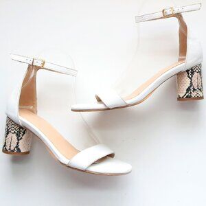 KAANAS Anthropologie White Leather Colum Heel Ankle Strap Sandals Snakeskin 7